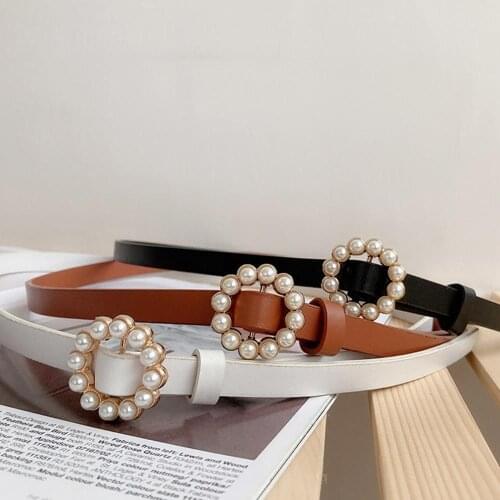 Women Thin Waistband Belt Vintage Dress Matching Faux Leather Fake Pearl Round Buckle Ladies Waist Strap ремень женский 2021