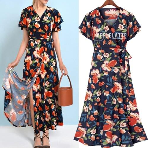 Women Floral Print Boho Dress Good Quality V Neck Elegant Long Dress Summer High Waist Beach Holiday Plus Size Sexy Sundress