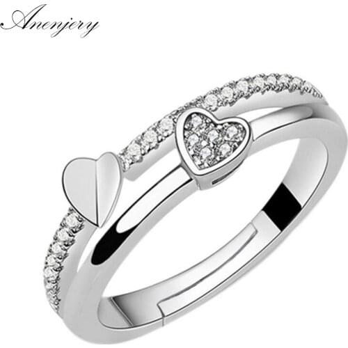 ANENJERY 925 Sterling Silver Luxury Wedding Ring For Women Double Heart Zircon Opening Ring Valentines Day Present S-R133