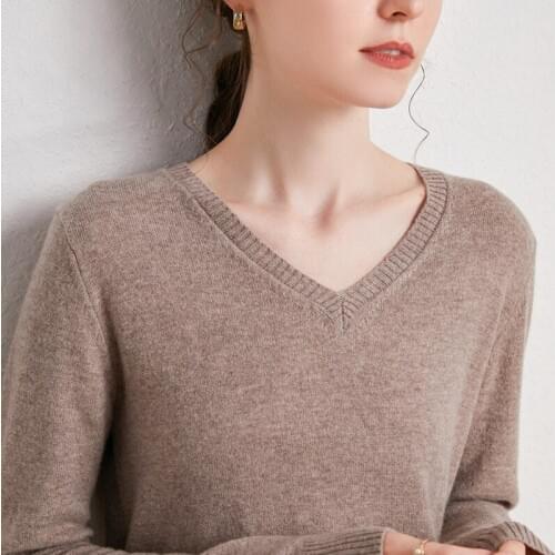 Zocept 2020 New Pure Merino Wool Sweater Women Autumn Winter Jumpers Casual Solid V-Neck Full-Sleeve Knitted Pullovers 12 Color