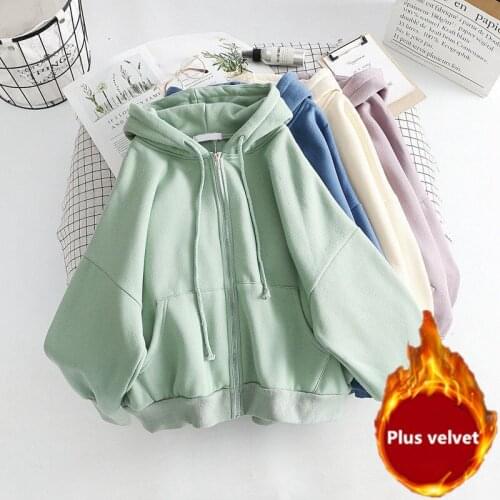 Plus Velvet Zipper Hoodie Women Pocket Cardigan Cotton Fashion Korean Thin Section Casual Solid Color Loose Top Autumn TT0157
