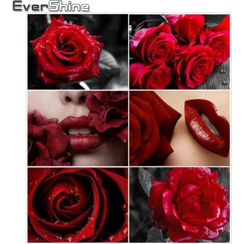 EverShine Diamond Painting Red Rose And Red Lip Diamond Embroidery Flowers Picture Of Rhinestones Handmade Art Mosaic Wall Decor