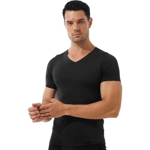 Men Streetwear Solid Color V Neck Short Sleeve T-shirt Summer Casual Tank Top Stretchy Slim Fit Fitness Sport Undershirt Tops