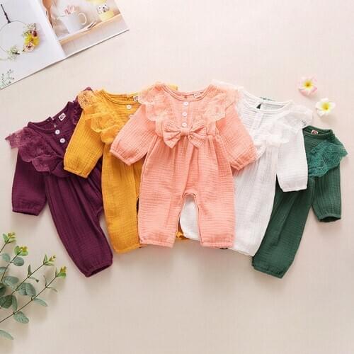 Newborn Baby Girls Long Sleeve Lace Jumpsuit Cute Bowknot Solid Color Cotton Romper
