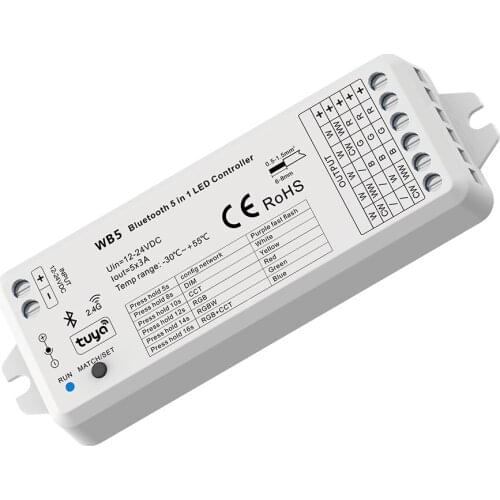 Tuya Smart Bluetooth-Compatible 5 in 1 LED Controller For LED Strip DIM CCT RGB RGBW RGBCCT 2.4G RF Wireless 12V 24V