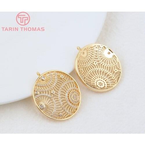 2PCS 25MM Hole 1.5MM 24K Gold Color Brass with Zircon Round Pendants Charms High Quality DIY Jewelry Making Findings Accessories