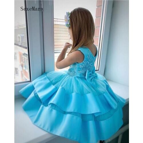 Blue Cute Baby Girls Birthday Party Dresses with Bow Knee Length Kids Clothes Children Gown for Special Occasion