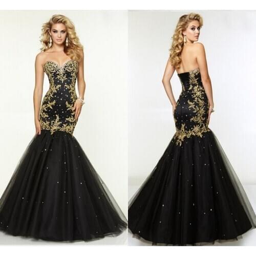 Fashionable Gold Embroidery Black New Arrival Sheer Trumpet Prom Gown Party Romatic Mermaid Vintage mother of the bride dress