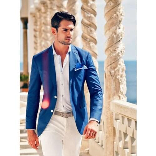 ANNIEBRITNEY Navy 2 Piece Slim Fit Men Suit With White Pants Groom Wedding Tuxedo 2 Piece Prom Wedding Business Men Suit Set