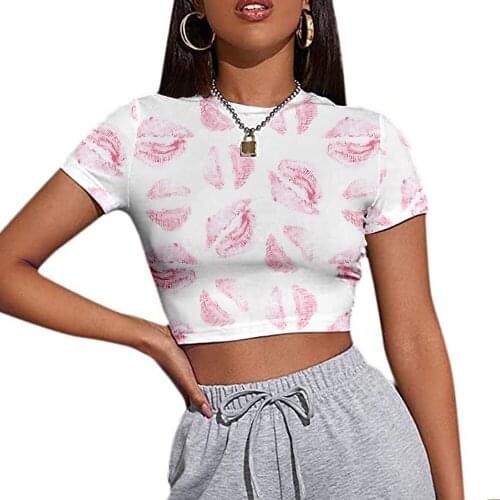 Cross-border new womens lip print slim short sleeve T-shirt
