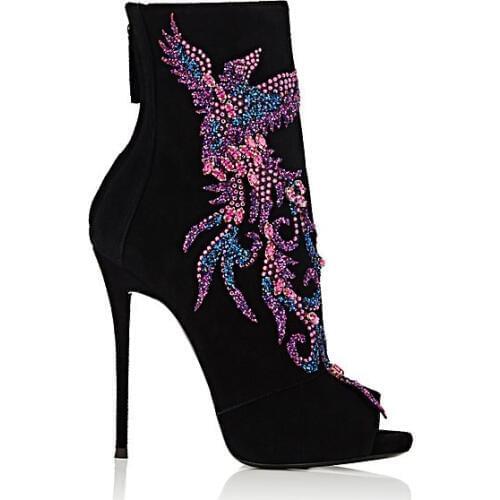 Autumn Newest Colorful Crystal high Heel Boots Sexy Open Toe Black Suede Ankle Boots Luxury Rhinestones Short Boots