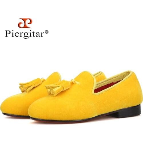 Piergitar 2021 handmade gold colors children velvet shoes party and banquet kids tassel loafers Parent-child designs shoes