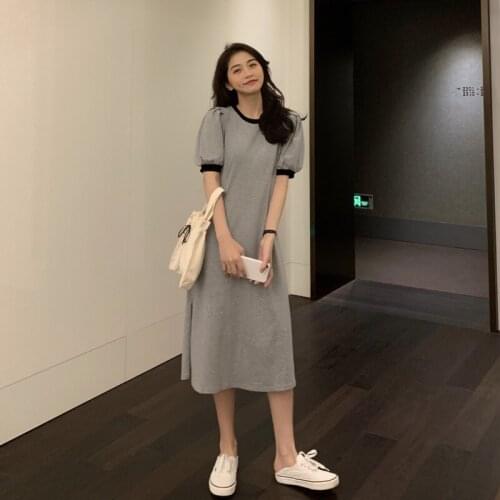 Casual Summer Woman Dress Gray New Fashion Korean Clothes Black Hipster Female A-line Dresses O-neck Puff Sleeve Ladies