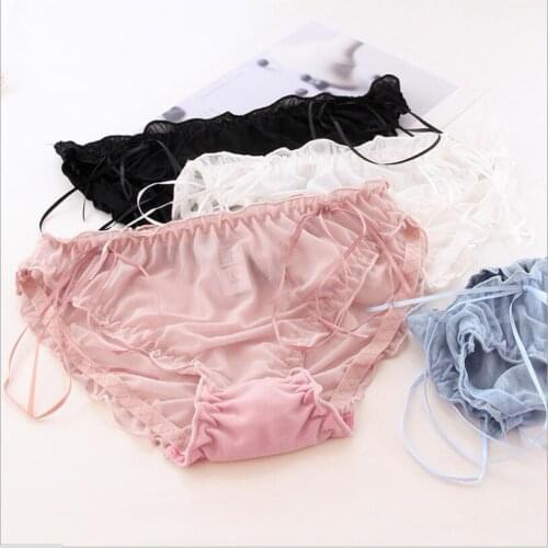 Simple Japanese Hollow Out Panties For Women Solid Ruffles Transparent Underwear Girls Mesh Bow Lingerie Female Briefs S1329