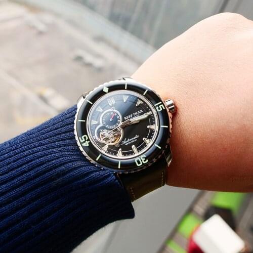 Reef Tiger/RT Mens Dive Watch with Date Steel Leather Strap Sport Wathers Super Luminous Skeleton Automatic Watches RGA3039