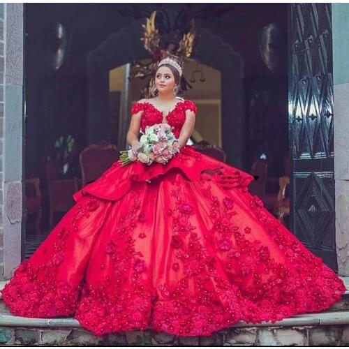 Luxury 3D Floral Lace Dark Red Quinceanera Prom Dress Off the Shoulder Lace Sweet 16 Dress Party Wear Ball Gown Prom Dress
