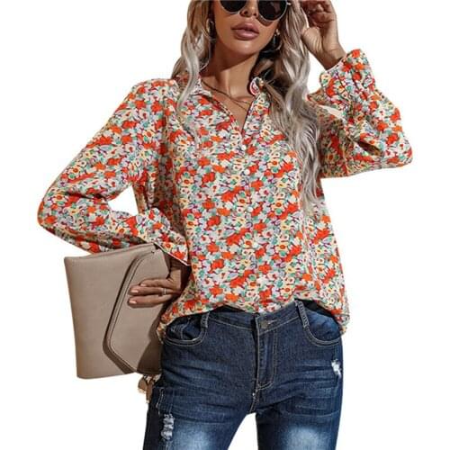 Women Casual Floral Prints Long Sleeve Shirt Fall Spring Adults V-neck Button T-Shirts Beach Vacation Tops Boho Woman Clothes