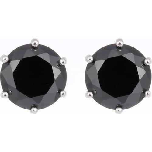 White Gold Color Six Claw Round Cupid Cut Big Black AAA CZ Stud Earrings for Women Men Jewelry 10mm Aros oorbellen orecchini