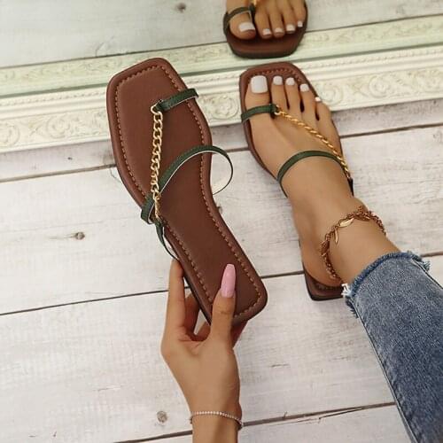 Women Summer Square Toe Slippers Flip Flops Metal Chain Flats Shoes Woman Casual Open Toe Ladies Slides Beach Slippers 2021