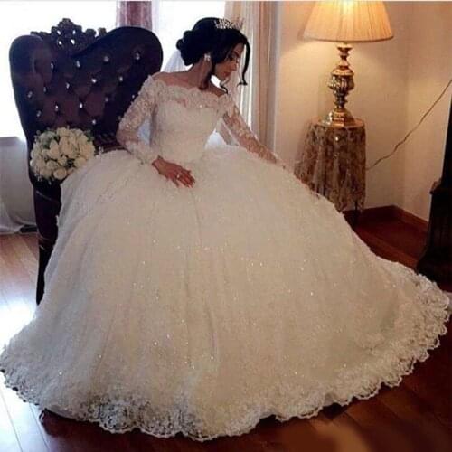 2020 New Ball Gown Wedding Dresses Long Sleeves Lace Appliques Sequins Arabic Dubai Wedding Dress Formal Church Plus Size Bridal