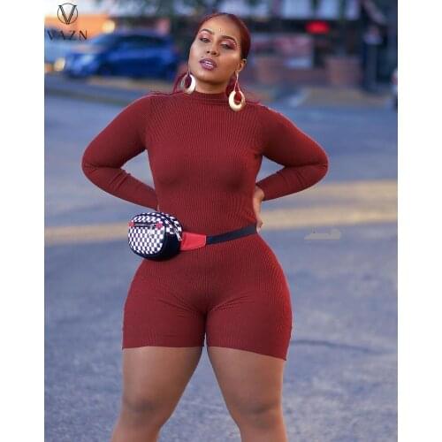 VAZN 2021 Early Autumn Knit Plus Size Sexy Young Solid Playsuits Turtleneck Full Sleeve Women High Waist Skinny Playsuits