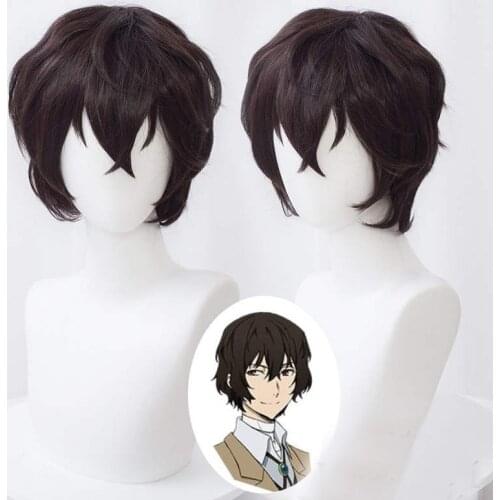 High Quality Bungo Stray Dogs Dazai Osamu Wig Short Brown Curly Heat Resistant Synthetic Hair Cosplay Anime Wigs + Wig Cap