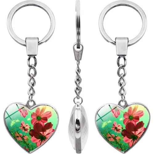 WG 1pc Rose Flower Time Gem&stone Double Sided Cabochon Heart Keychain Pendant Metal Glaaa Ball Keychain Jewelry For Women