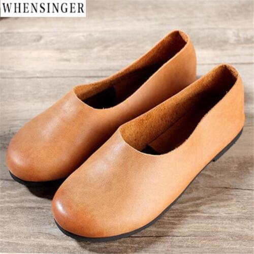 Whensinger - Women Flat Shoes loafers Genuine Leather Casual Flats Shoe Retro art Comfortable Driving shoes Ventilation