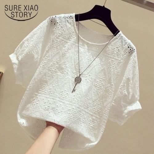 Summer Solid Color Lace Shirt Women Short Sleeves 2021 South Korea New Loose Hollow Shirt Tops Blusas Mujer De Moda 2021 15379