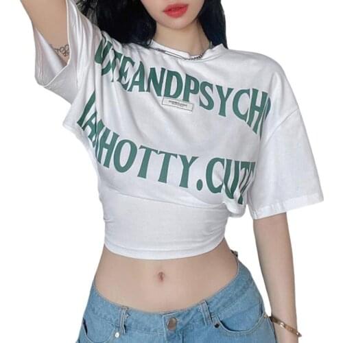 Ladies Summer Round Collar T-shirt Girls Letter Printing Short Sleeve Waist Hollow Midriff-baring Tops Slim Hem Base Shirt