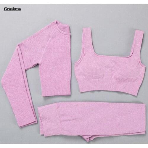 Workout Seamless Women Yoga Suits Long Sleeve Crop Tops Fitness Gym 2/3 Piece Set Bra Running Sports Pants High Waist Clothing