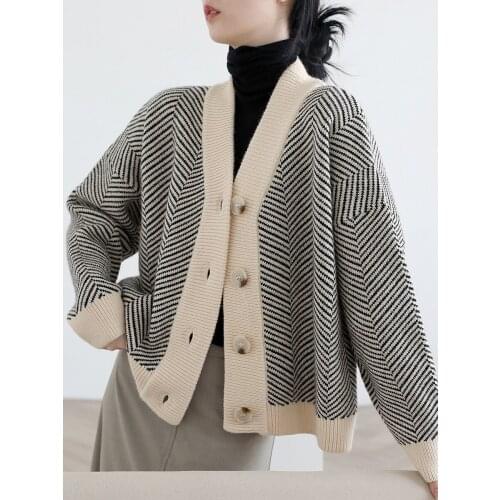 Autumn Winter V-neck Ladies Striped Knitted Cardigans Tops Vintage Single-breasted Full Sleeve Women Sweaters 2021 Tricot S119