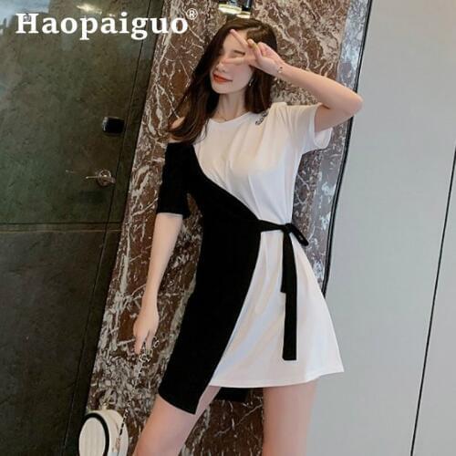 White Gray Contrast Dress Summer 2019 Embroidery Letter Internet Celebrity Style Women Dress Solid Asymmetrical Office Dresses