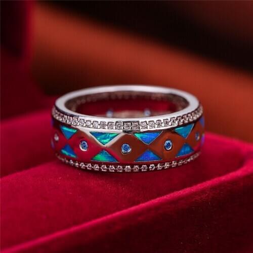 Cute Boho Female Blue Fire Opal Stone Ring Silver Color Bridal Engagement Ring Vintage Triangle Wedding Rings For Women