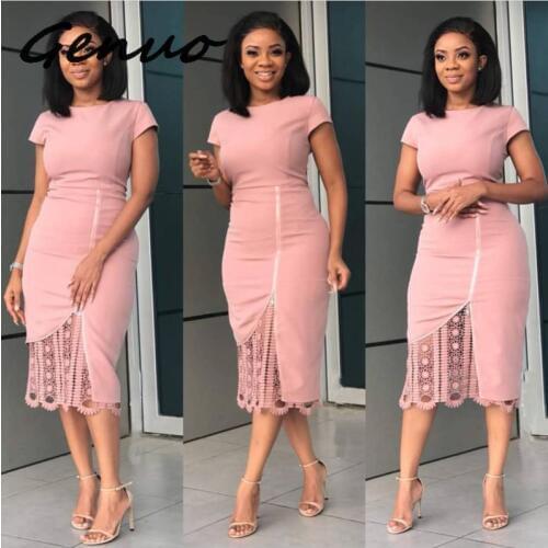 Genuo Women Elegant Dress 2019 Summer Short Sleeve O Neck Knee Length Shift Dresses OL Style Work Dress Boutonniere lace dress