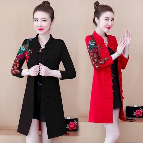 2021 Red Black Improved Slim Flower Embroidered Ladies Single-breasted Dress Chinese Cardigan Disc Peacock Cheongsam for Womens