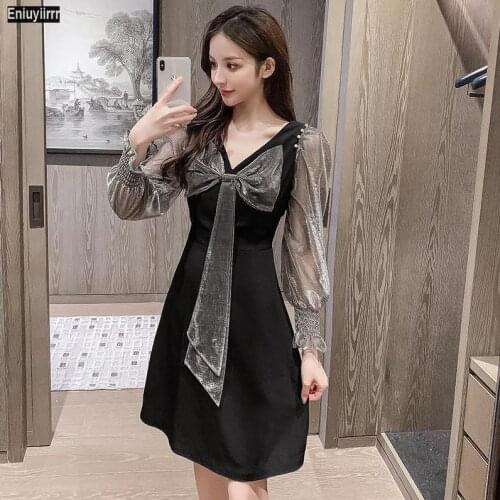Fashion Mesh Patchwork Hot New Bow Tie Cute Girls Sexy Party Vestidos Women Sheer Mesh Dress