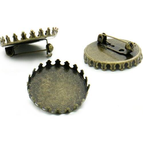 10pcs w/ Inner 25mm ANTIQUE BRONZE Blank Brooch with Back Safety Pin Crown edge For Cabochon Cameo