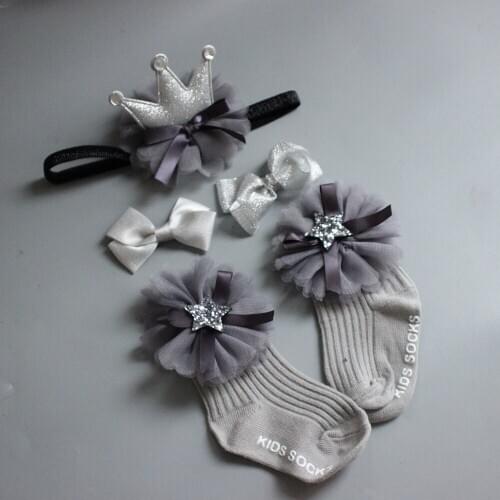 Newborn baby girl lovely socks with princess crown lace scarf + lovely bow adornment socks 2 sets