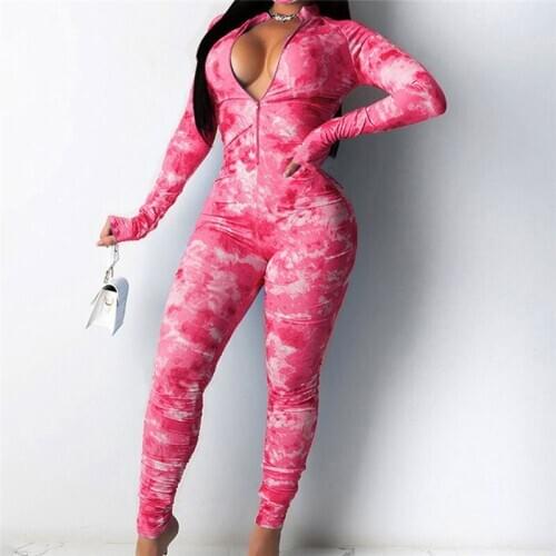 2020 Autumn Fashion Print Long Sleeve Bodycon Jumpsuit Rompers 2020 Women Deep V-neck Front Zipper Bodycon Jumpsuit Streetwear