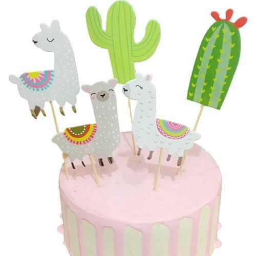5pcs Alpaca Cactus Camel Plant Green Animal Birthday Cake Cutout Party Card Atmosphere Setting Supplies