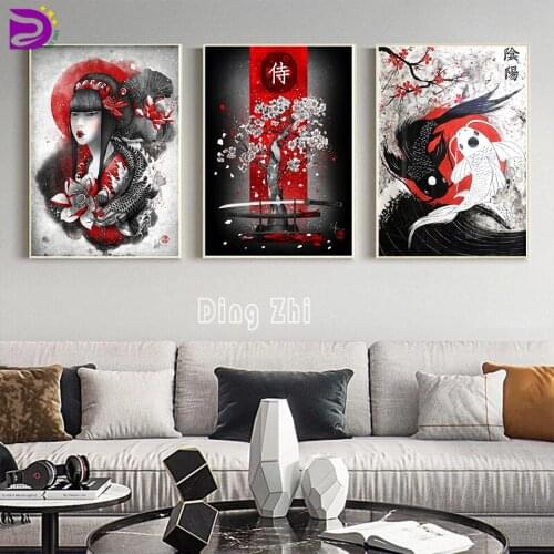 5D Diy Diamond Mosaic Japanese Geisha And Yin Yang Fish Diamond Painting Full Square Round Diamond Embroidery Portrait Flower