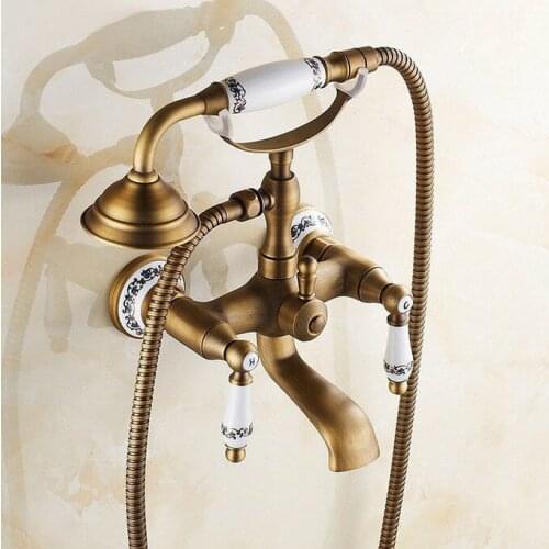Antique Brass Wall Mounted Bathroom Tub Faucet Set with 1500MM Handheld Shower Spray Head Bath Mixer Tap 2tf306