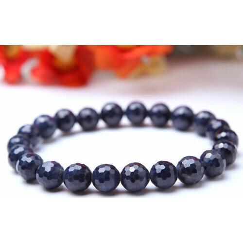 Natural Blue Sapphire Gemstone Women Man Bracelets Crystal Stretch Cut Faceted Round Beads Bracelet 9mm 10mm 11mm 12mm AAAA