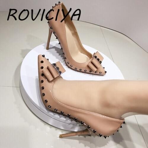 Nude patent PU leather brand 12cm high heels pointed toe sexy shallow women shoes with rivet party evening shoes MD035 ROVICIYA
