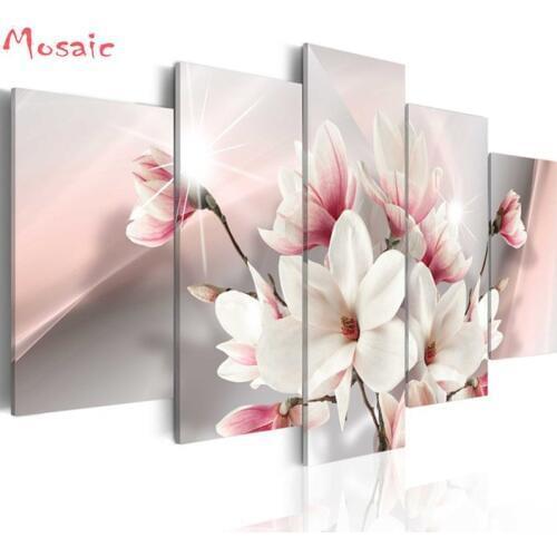 DIY 5D Diamond Embroidery resin Diamond Mosaic Picture 5pcs Pink Magnolia Flower Rhinestones Diamond Painting Cross Stitch Kit