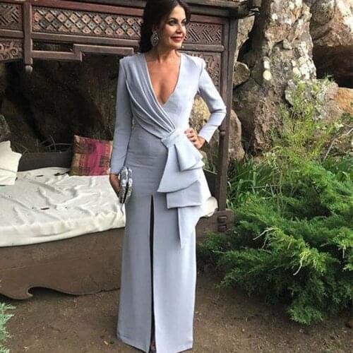 Affordable Deep V Neck Long Sleeves High Slit Sheath Silver Satin Wedding Guest Dress Mother Of The Bride Dresses