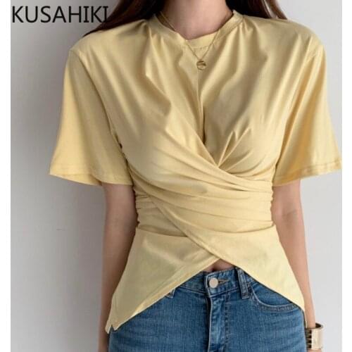 KUSAHIKI Sexy Cross Slim Waist Graphic T Shirts Short Sleeve O-neck Woman Tops Tee Summer 2021 New Solid Elegant Tshirt 6K401