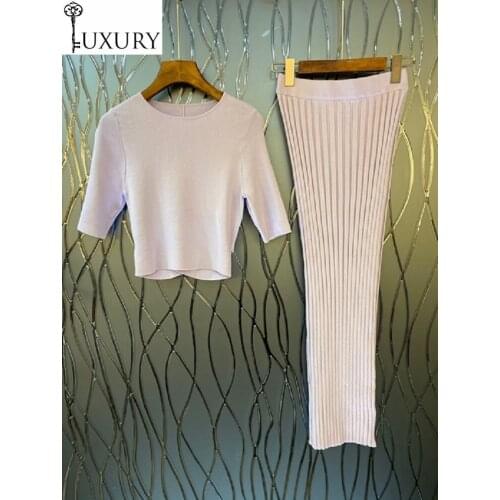 Suits High Quality Sweater 2020 Spring Summer Women Knitted Crop Tops+High Waist Purple Skirt Ladies Bandage Sets 2pc