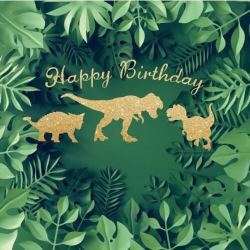 Laeacco Green Forest Tree Leaves Dinosaur Birthday Party Customized Banner Portrait Photo Backdrop Photographic Background Photo